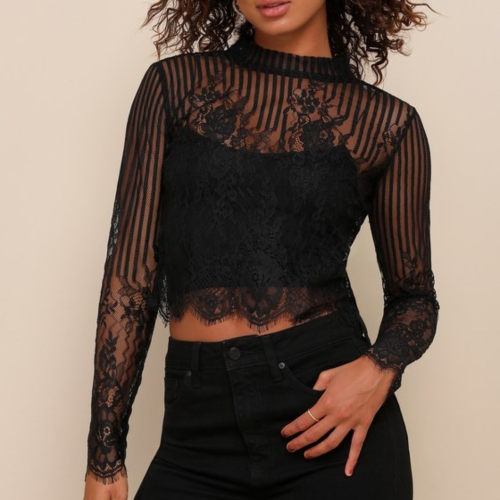 Lulus Tempt Me Black Sheer Lace Long Sleeve Crop Top - Size S
